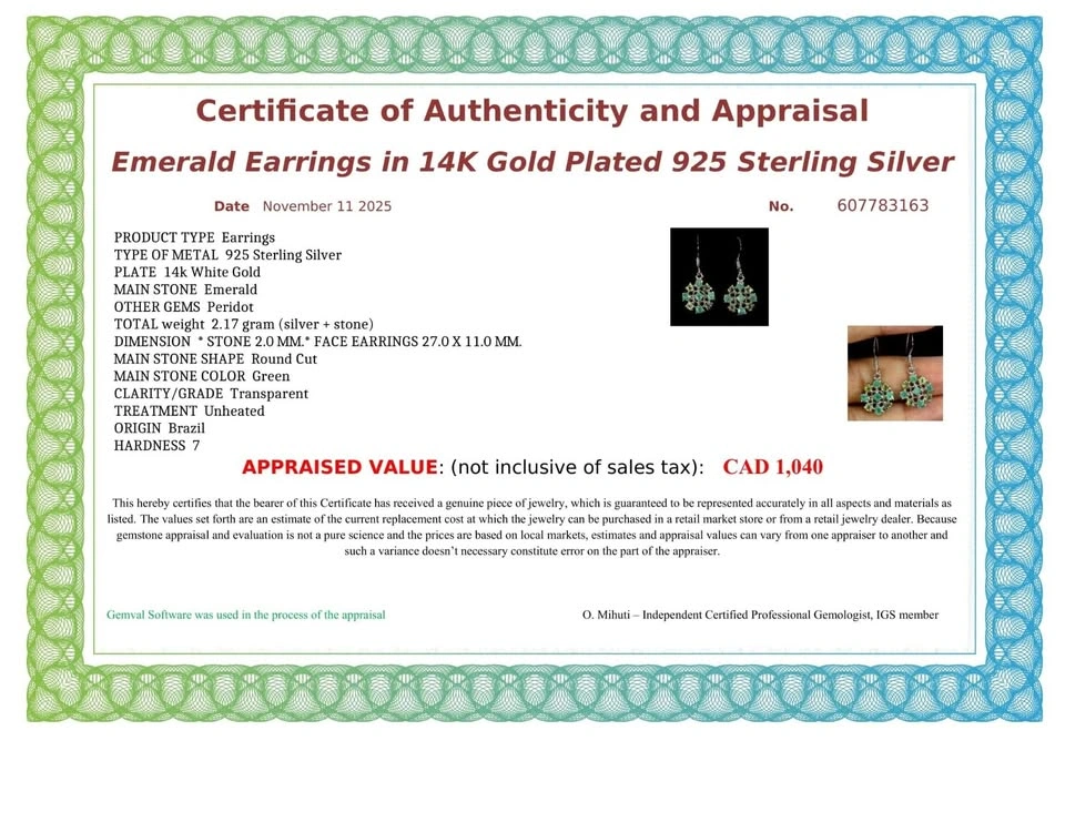 ⚽ Emerald & Peridot Cluster Earrings 14K White Gold Plated - photo 2