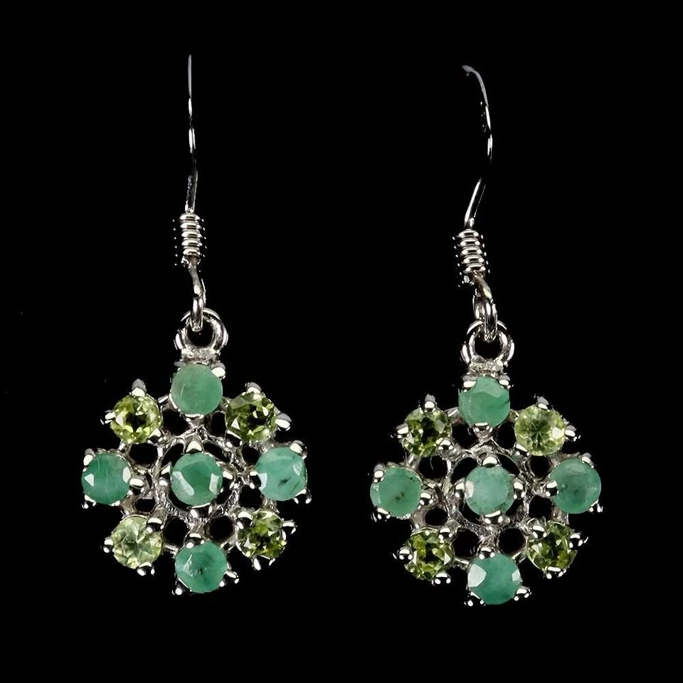 ⚽ Emerald & Peridot Cluster Earrings 14K White Gold Plated - photo 3