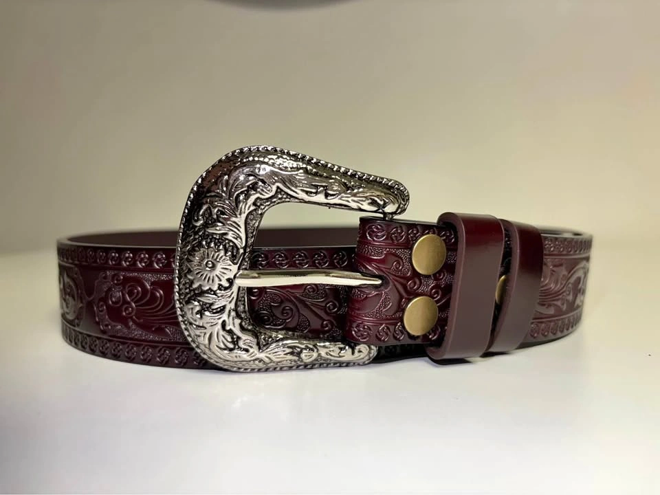 Burgundy Real Leather Belt w/ Ornate Silver Buckle