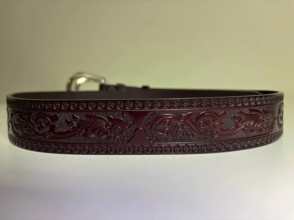 Burgundy Real Leather Belt w/ Ornate Silver Buckle - photo 2