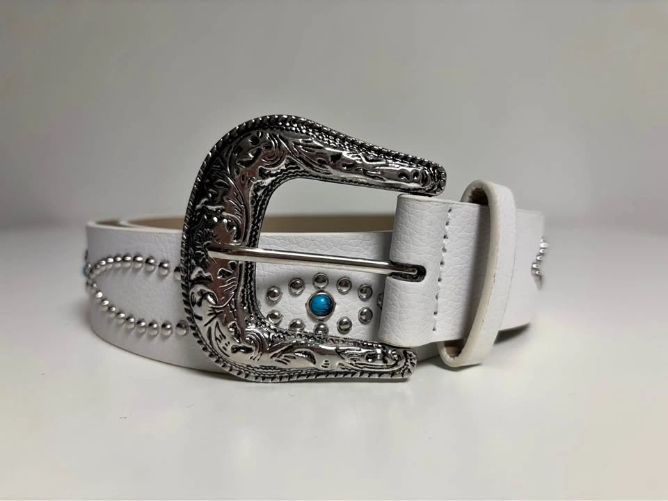 White Studded Western Belt w Turquoise Accents