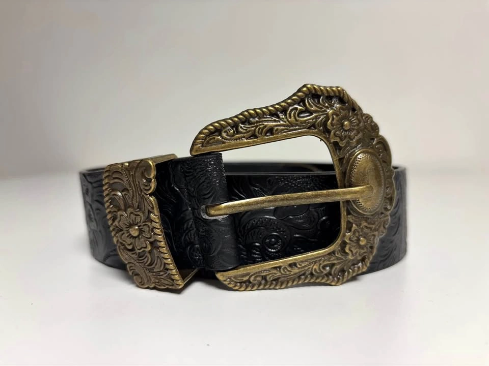Black Embossed Western Belt with Ornate Gold Buckle