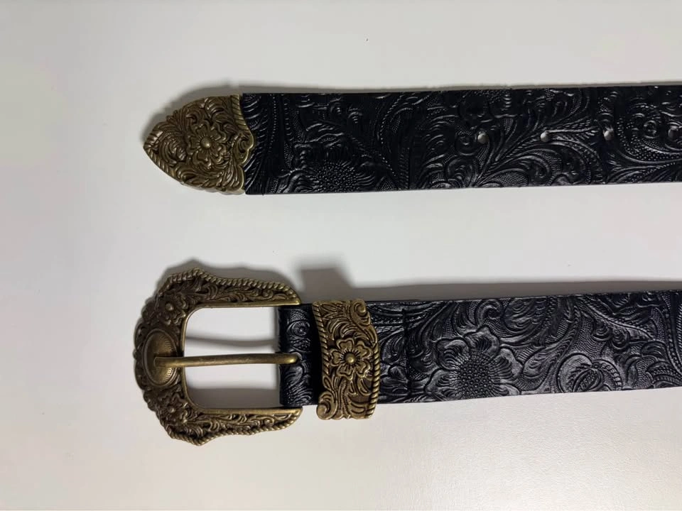 Black Embossed Western Belt with Ornate Gold Buckle - photo 2