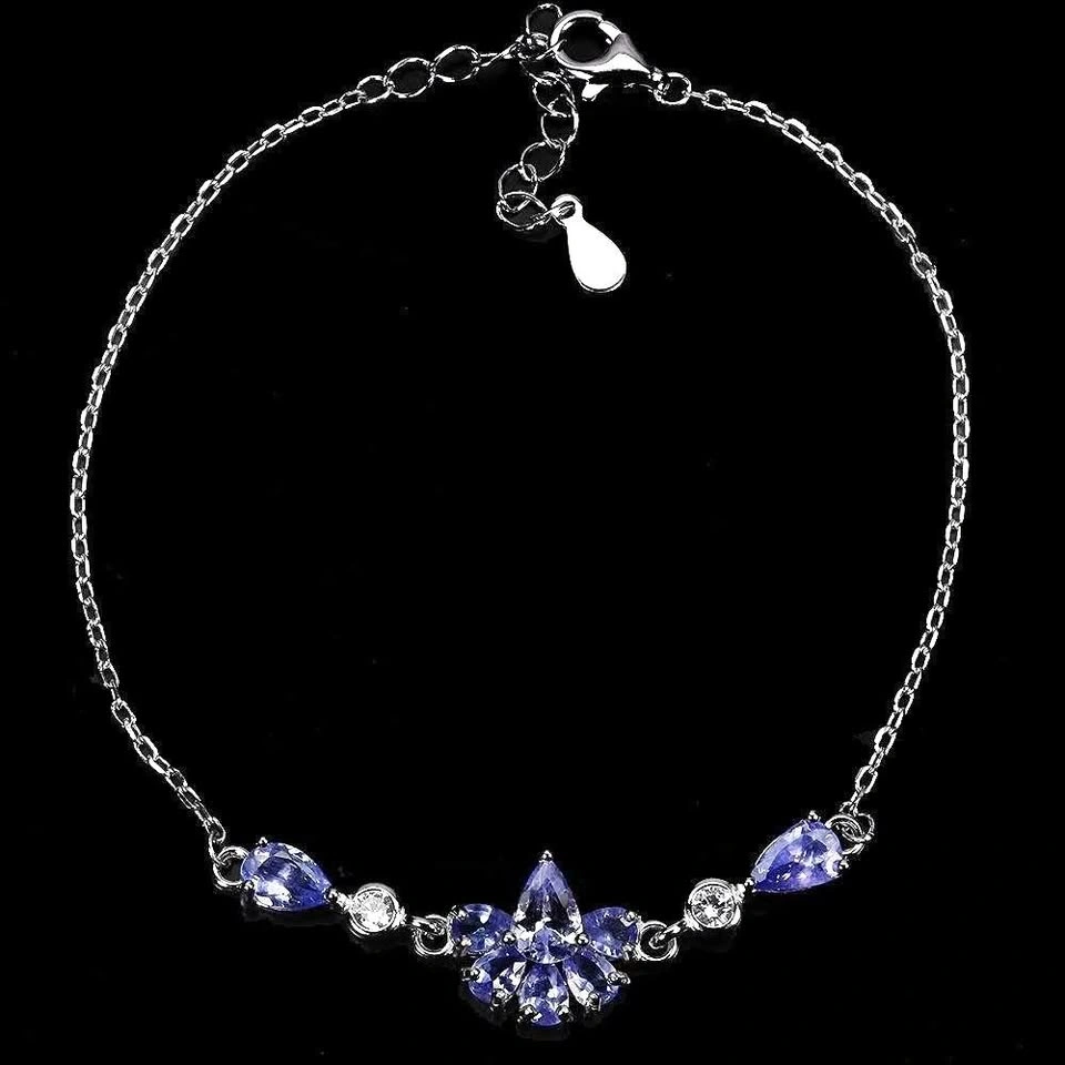 Tanzanite Flower Bracelet in ⚽ 14K White Gold Plated Silver