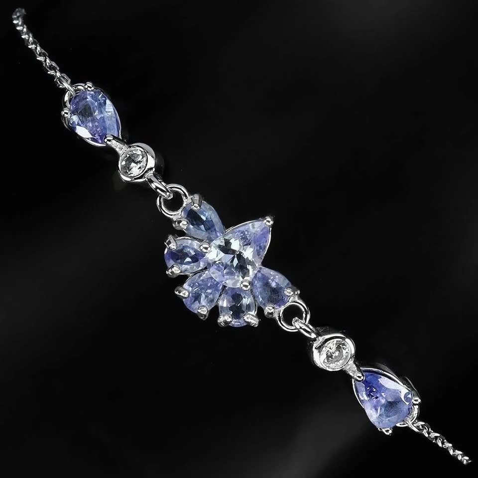Tanzanite Flower Bracelet in ⚽ 14K White Gold Plated Silver - photo 2