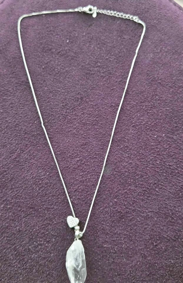 Clear Quartz Crystal Point and Heart Charm Necklace