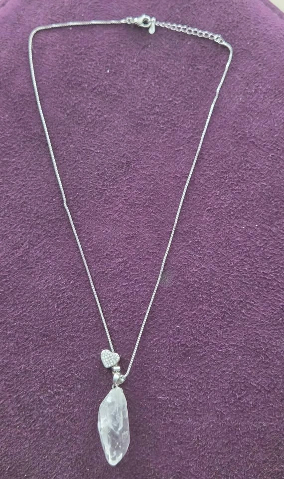 Clear Quartz Crystal Point and Heart Charm Necklace - photo 3