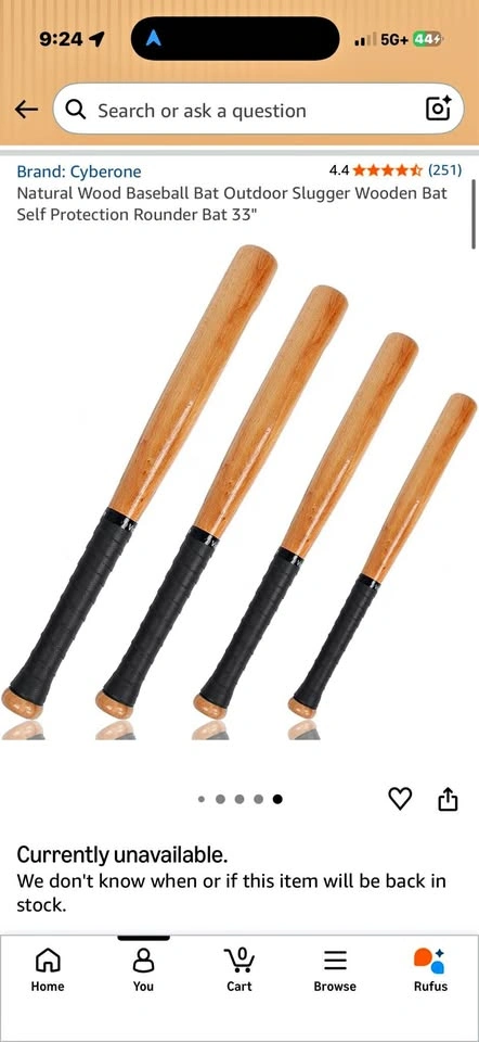 33” Natural Wood Baseball Bat with Grip
