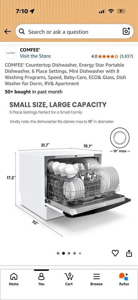 COMFEE Countertop Dishwasher – 6 Place Settings, Black & White