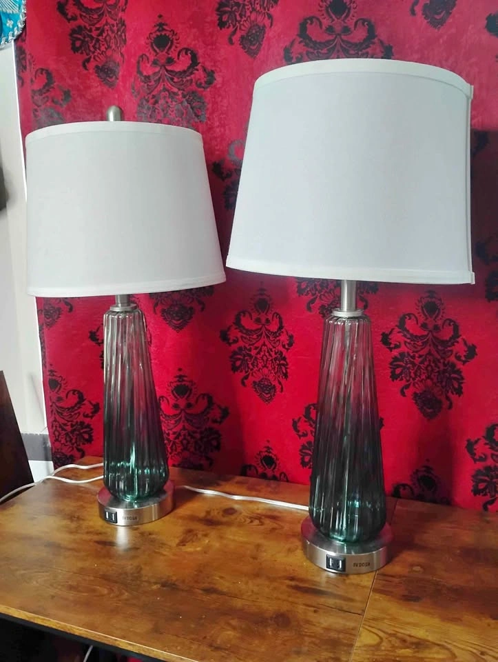 Pair of Touch Activated Large Teal Ribbed Glass Table Lamps ⚽