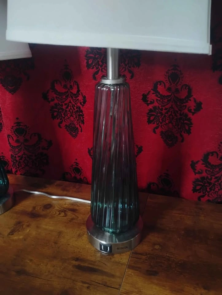 Pair of Touch Activated Large Teal Ribbed Glass Table Lamps ⚽ - photo 2