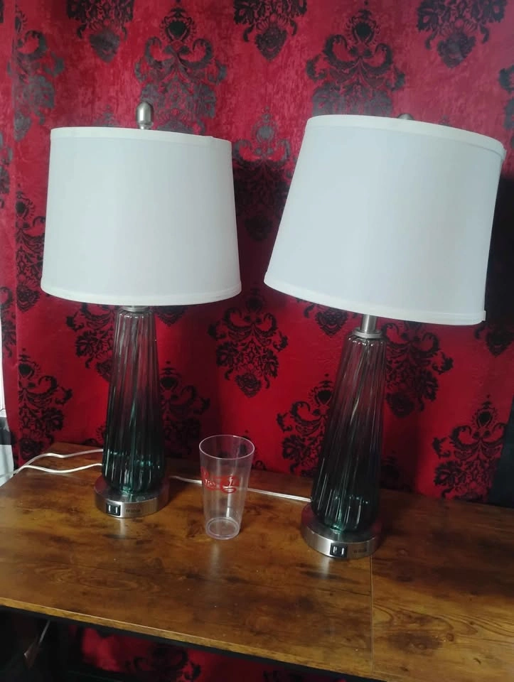 Pair of Touch Activated Large Teal Ribbed Glass Table Lamps ⚽ - photo 3