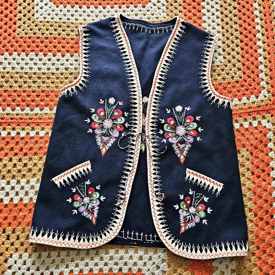Vintage 1970s Polish Kamizelka Handmade Embroidered Wool Vest