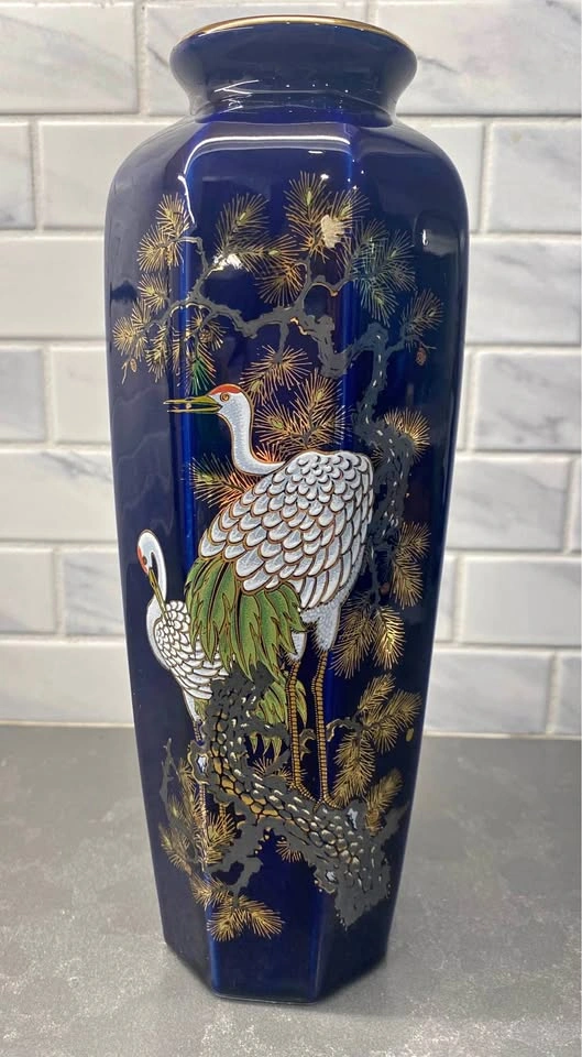 Vintage Cobalt Blue Japanese Cranes & Gold Gilded Rim Vase