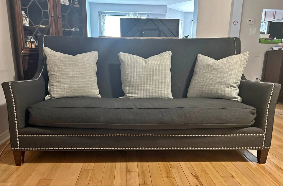Charcoal Grey High-Back Sofa with Nailhead Trim