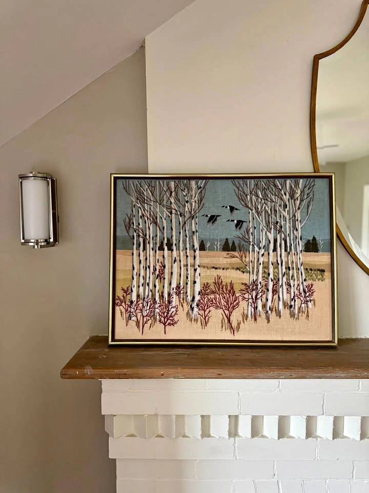 Vintage 1978 Framed Birch Tree Embroidery Art