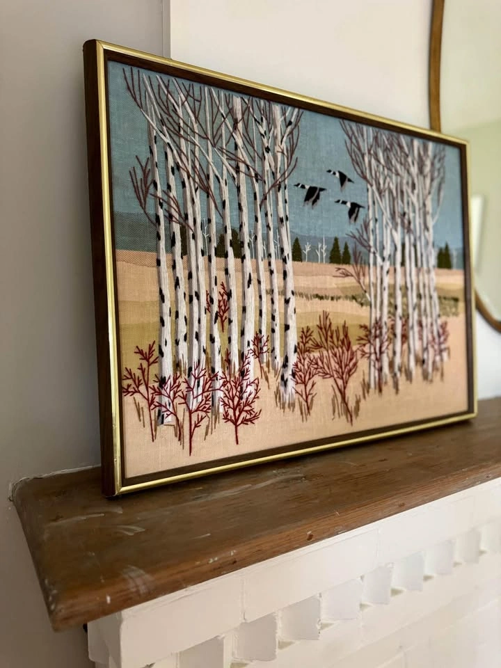 Vintage 1978 Framed Birch Tree Embroidery Art - photo 2