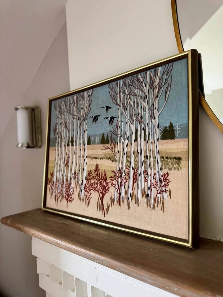 Vintage 1978 Framed Birch Tree Embroidery Art - photo 3