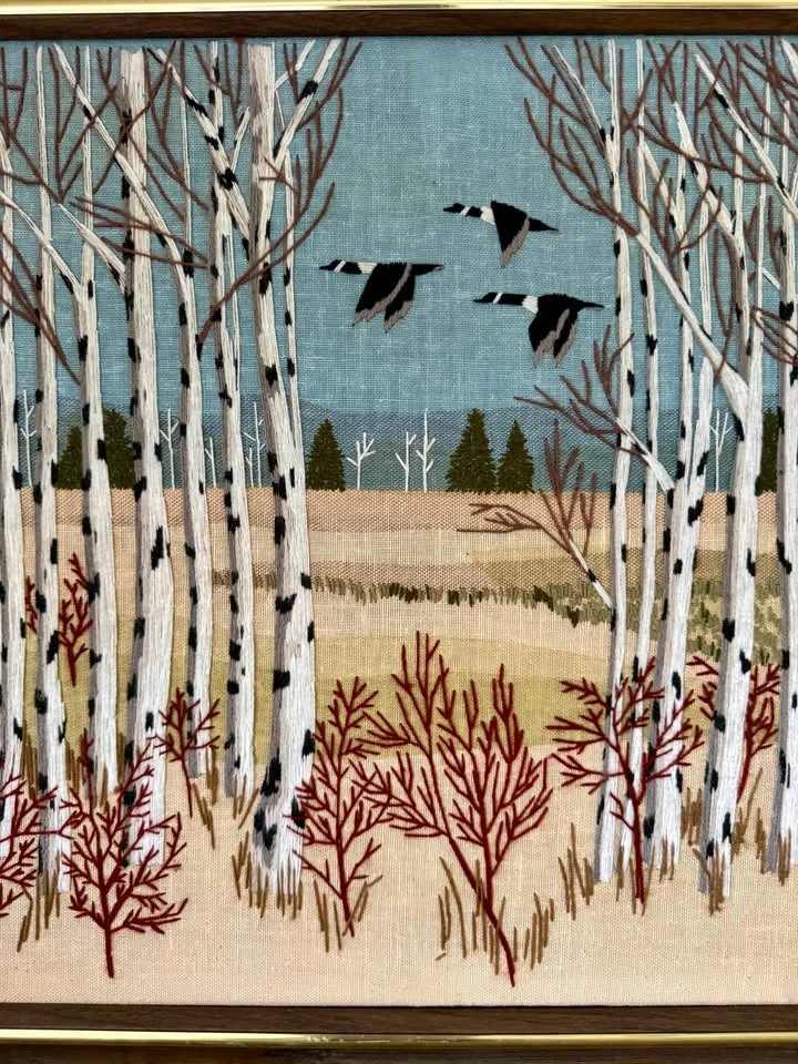 Vintage 1978 Framed Birch Tree Embroidery Art - photo 4