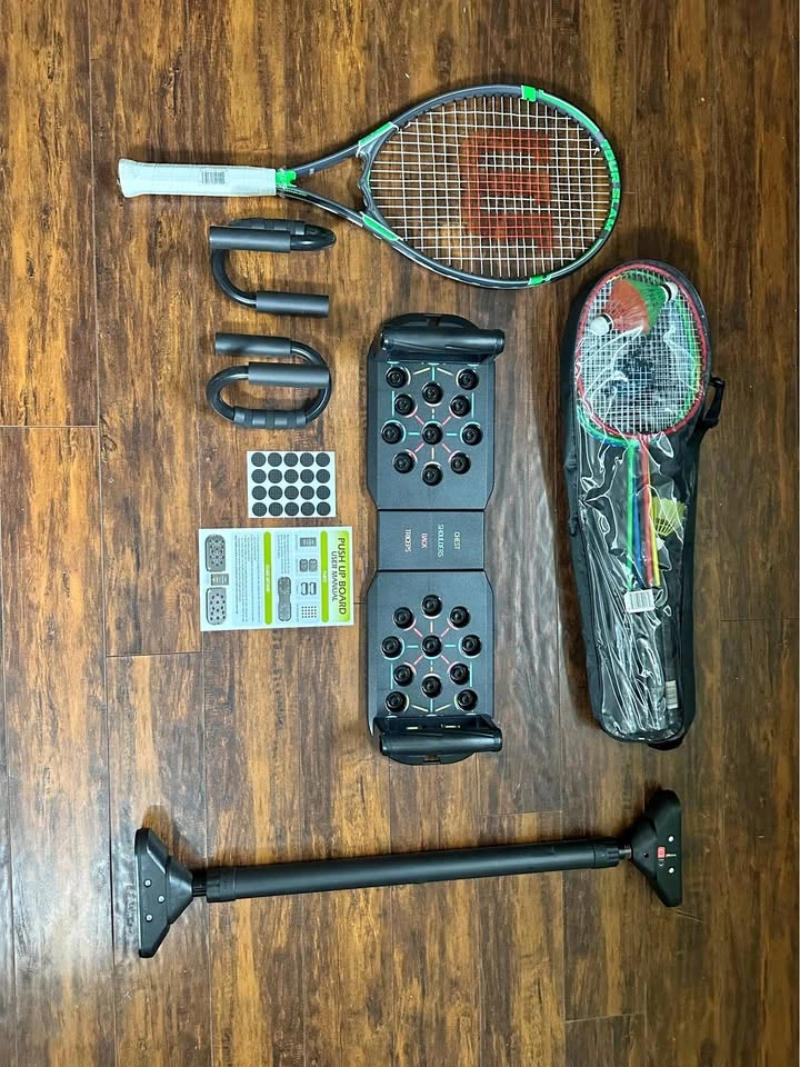 Push up board, pull up bar, push up bar and tennis/badminton rac