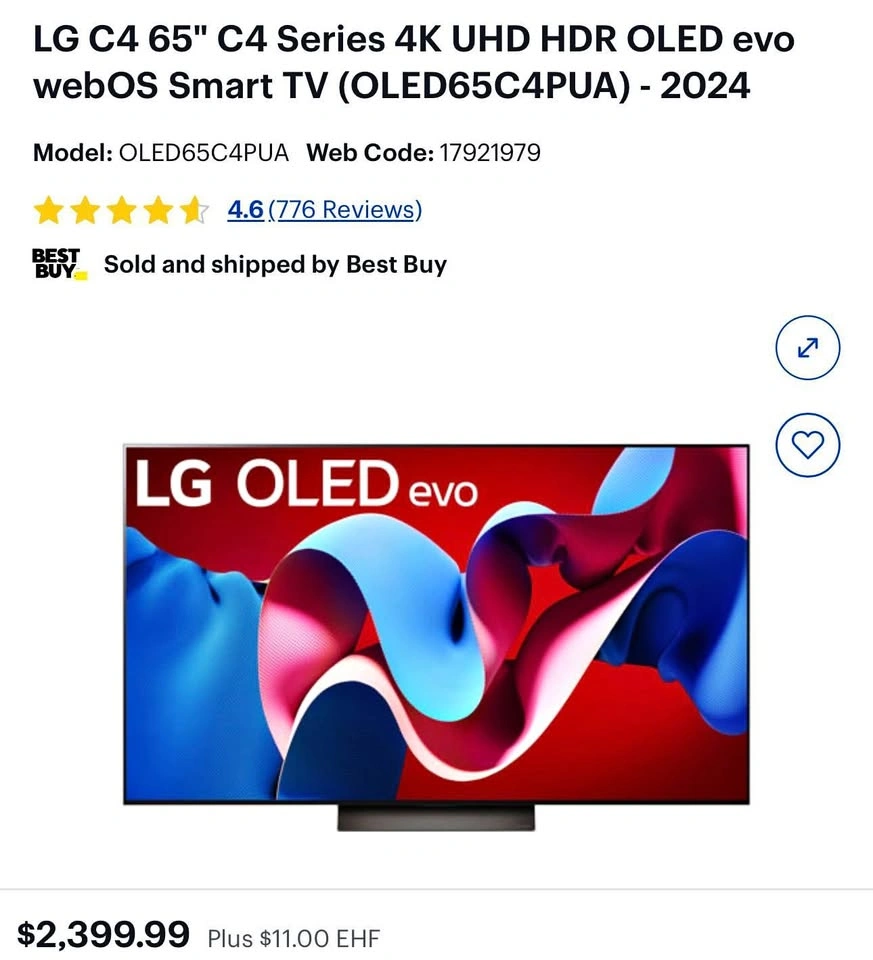 LG C4 65" 2024 OLED TV with Best Buy Protection until 2030