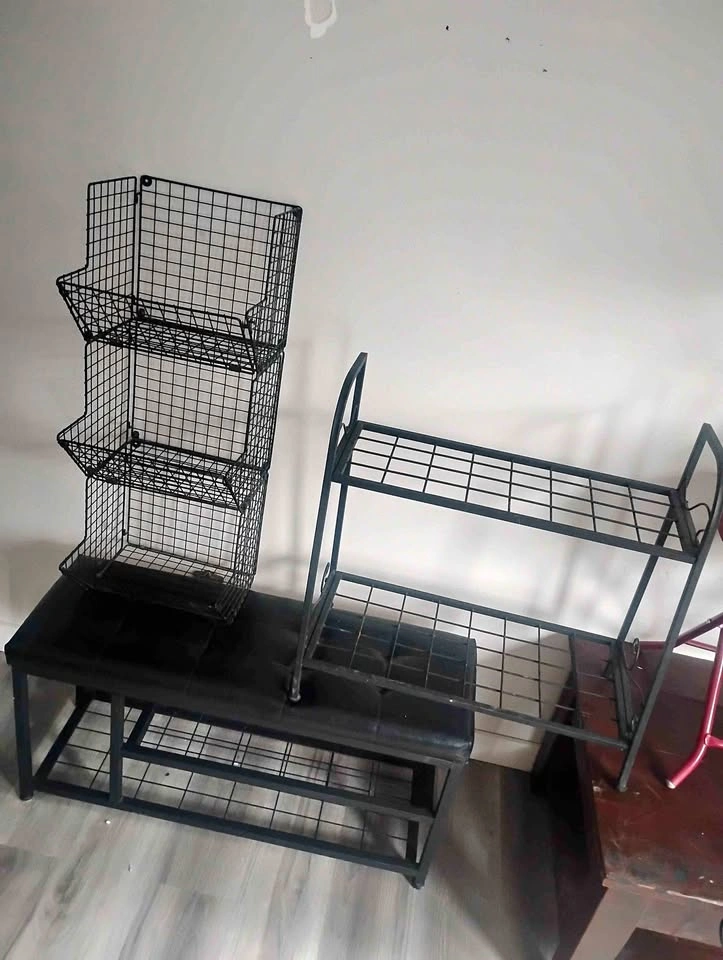Black Faux Leather Storage Bench, Wire Basket, and Shoe Rack