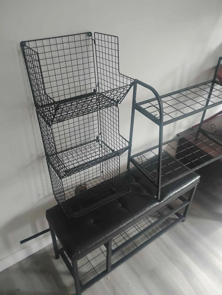 Black Faux Leather Storage Bench, Wire Basket, and Shoe Rack - photo 2