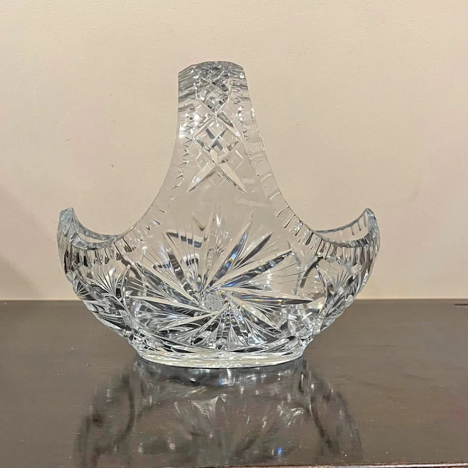Vintage Hand Cut Lead Crystal Handled Large Basket