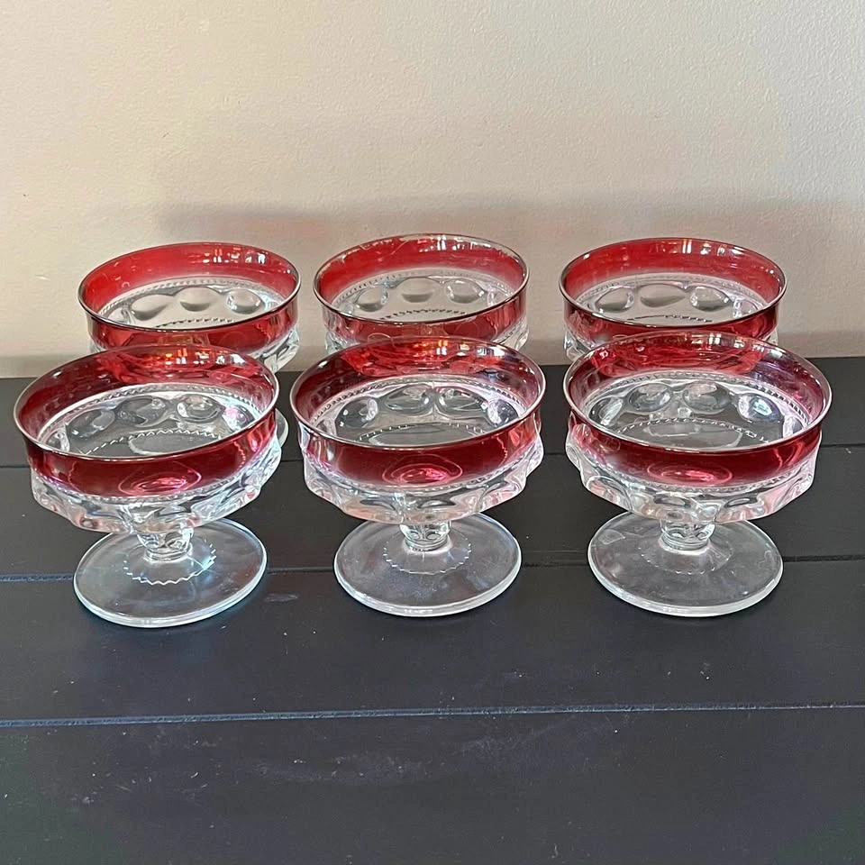 Set of 6 Indiana Glass King's Crown Cranberry Sherbet Glasses