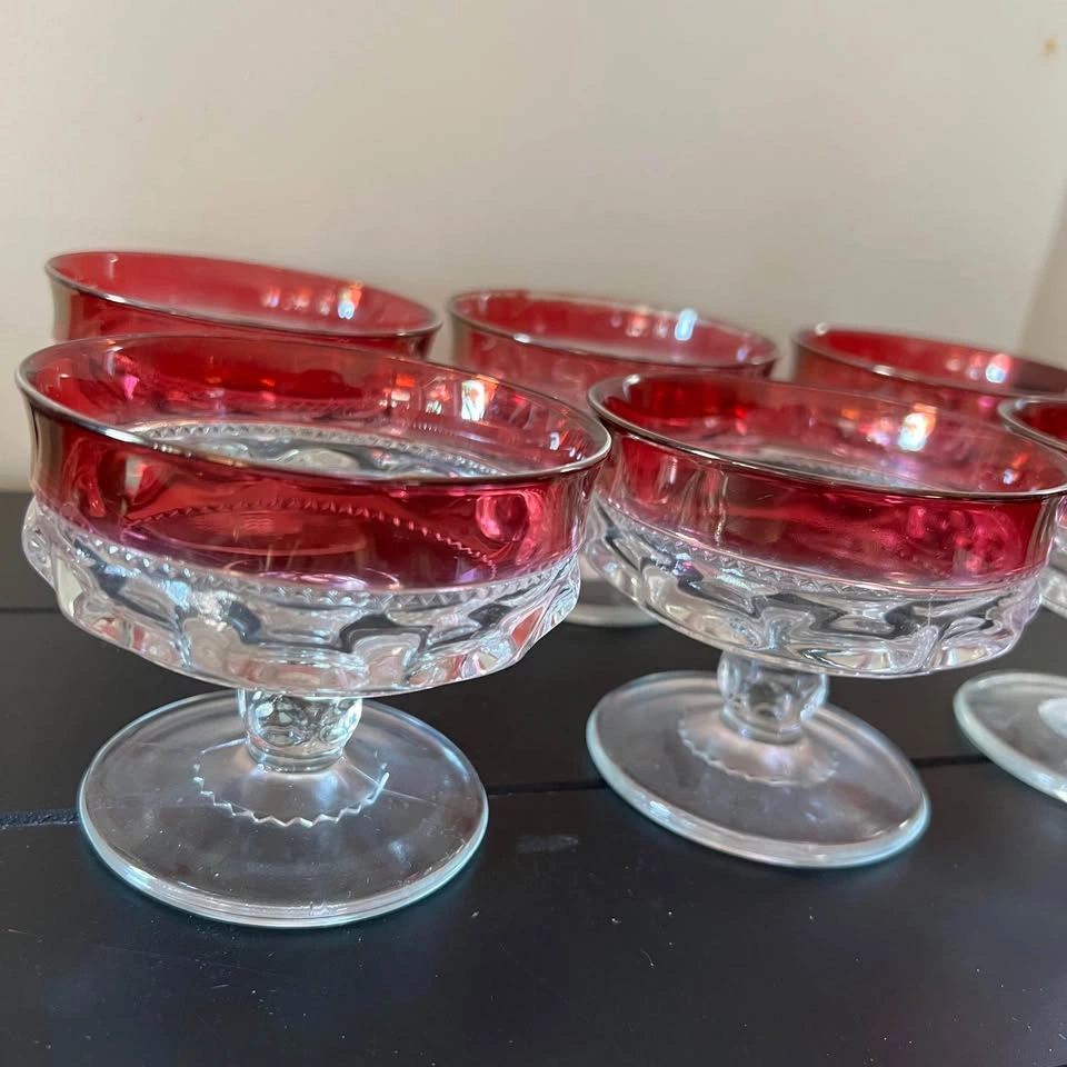 Set of 6 Indiana Glass King's Crown Cranberry Sherbet Glasses - photo 4