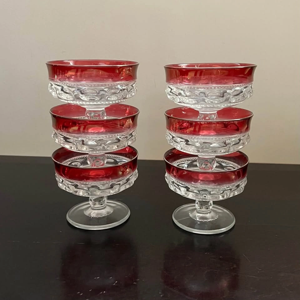 Set of 6 Indiana Glass King's Crown Cranberry Sherbet Glasses - photo 5