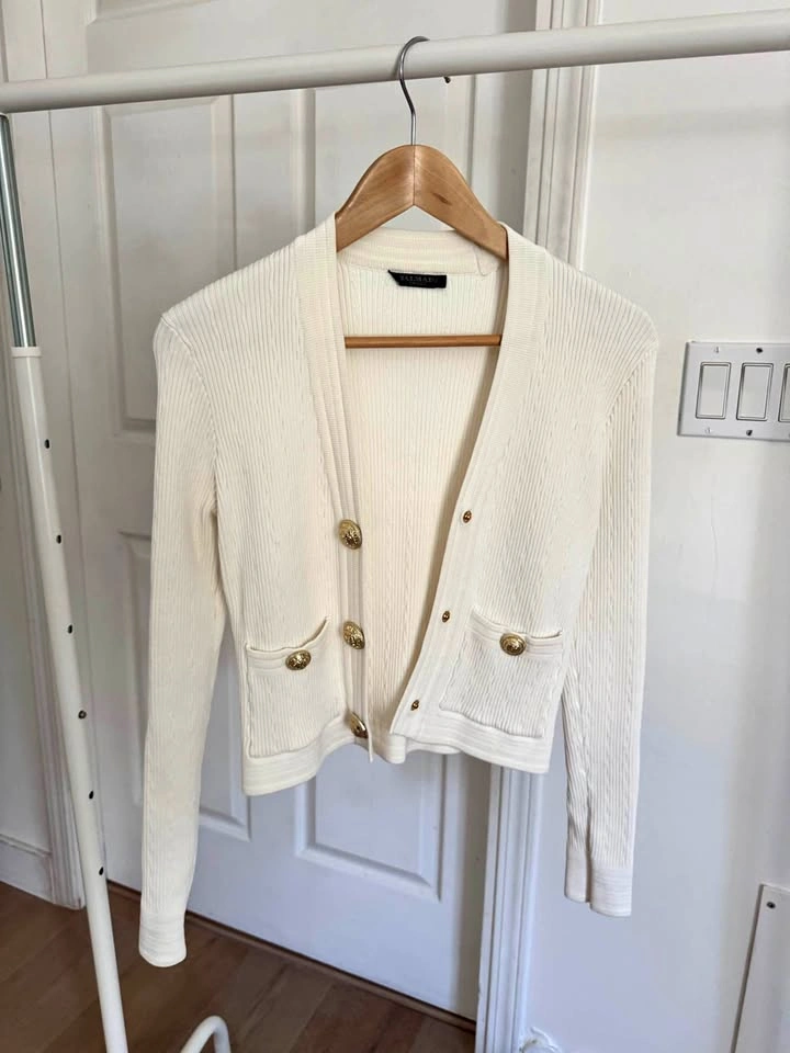 Ribbed Knit Cardigan with Gold Buttons