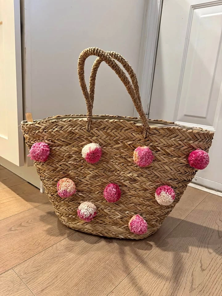 Woven Straw Pom Pom Cooler Tote Bag
