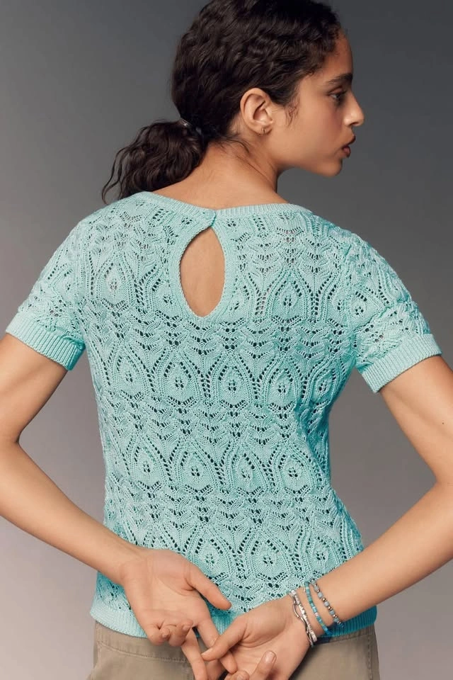 By Anthropologie Crochet Stitched Sweater Tee ~ S NEW⚽️ - photo 3