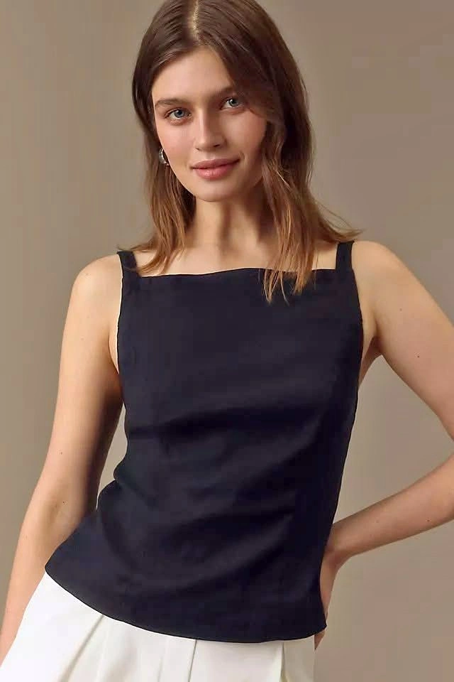 Maeve Black Square-Neck Linen Apron Tank - Small - New⚽️