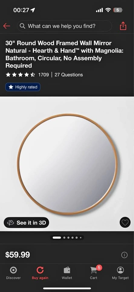 30” Circle Wall Mirror with light wood frame
