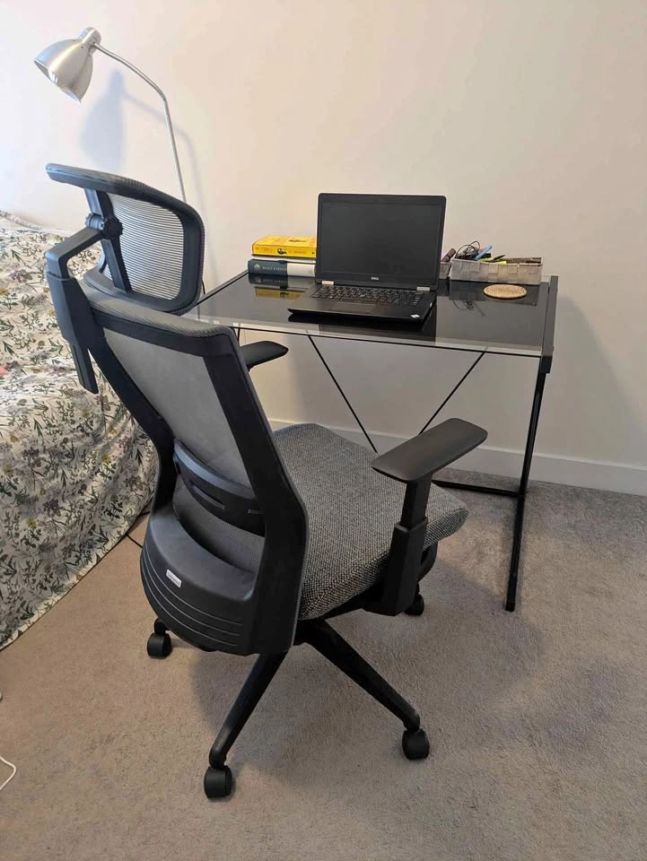 Tempered Glass Office Table & MotionGrey CloudMesh Chair