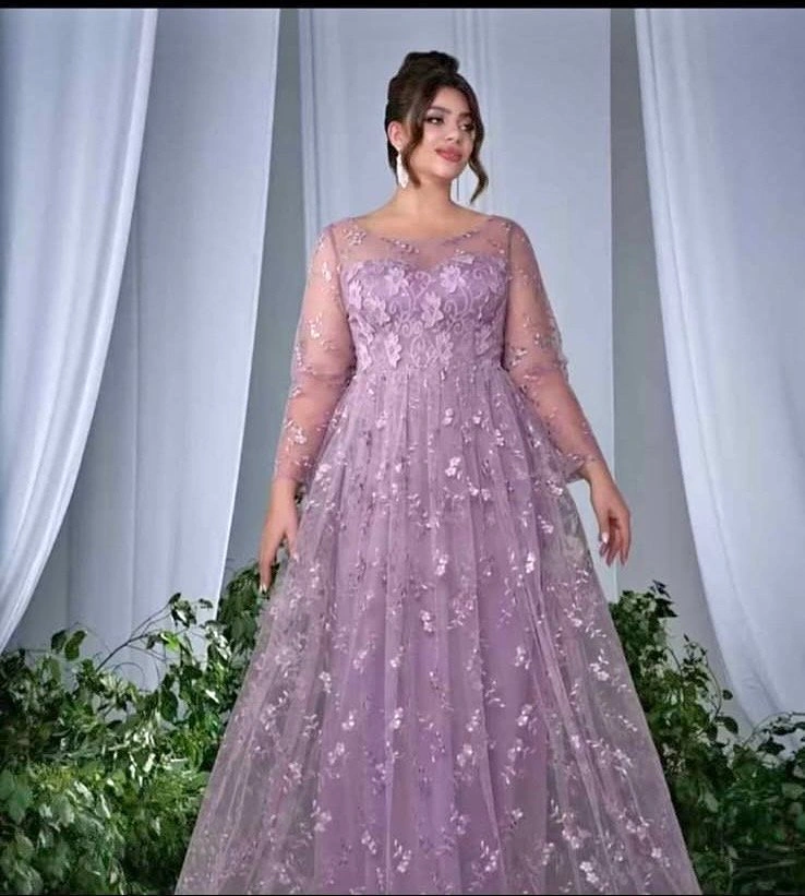 Lavendar Fully Embroidered Lace Dress - Plus Size