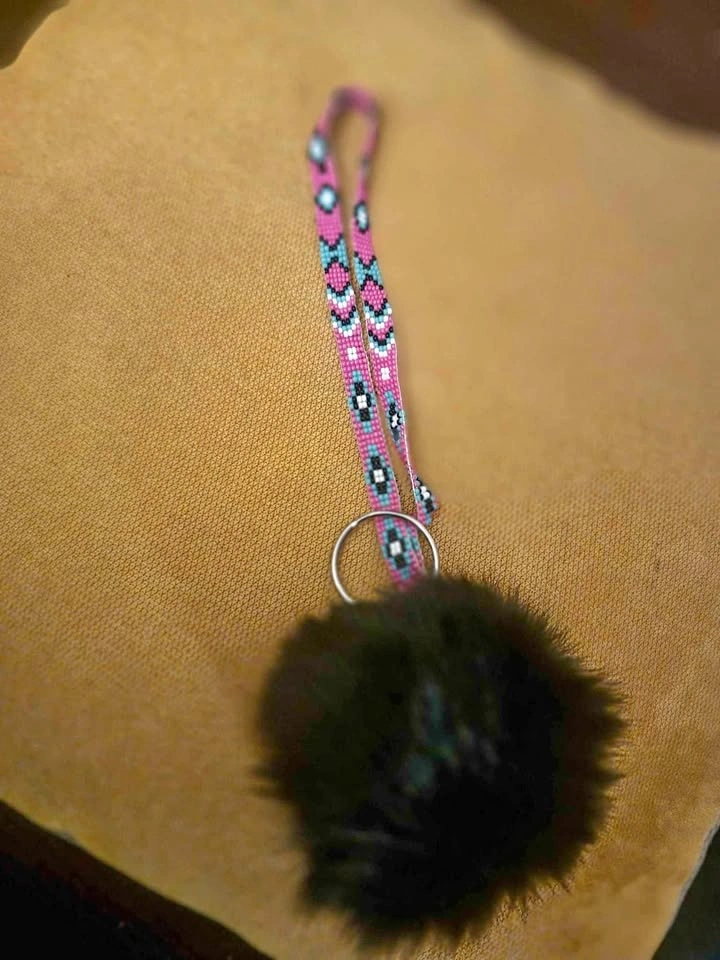 Beaded key chain w/real rabbit fur