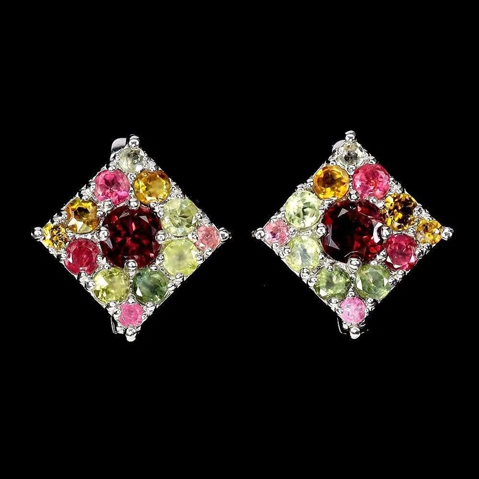 Round Cut Rhodolite Garnet And Tourmaline Earrings 14K Plated