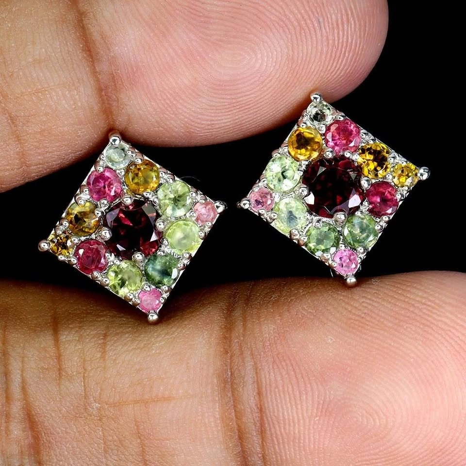 Round Cut Rhodolite Garnet And Tourmaline Earrings 14K Plated - photo 2