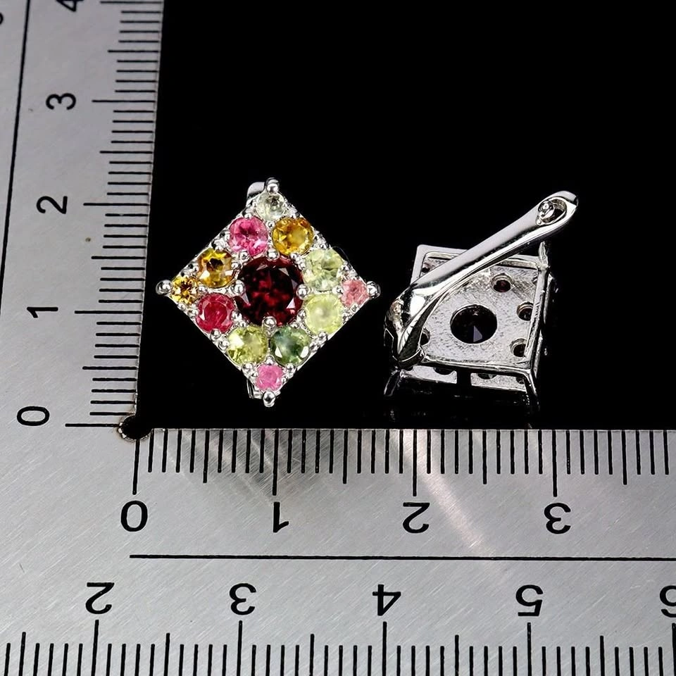 Round Cut Rhodolite Garnet And Tourmaline Earrings 14K Plated - photo 3
