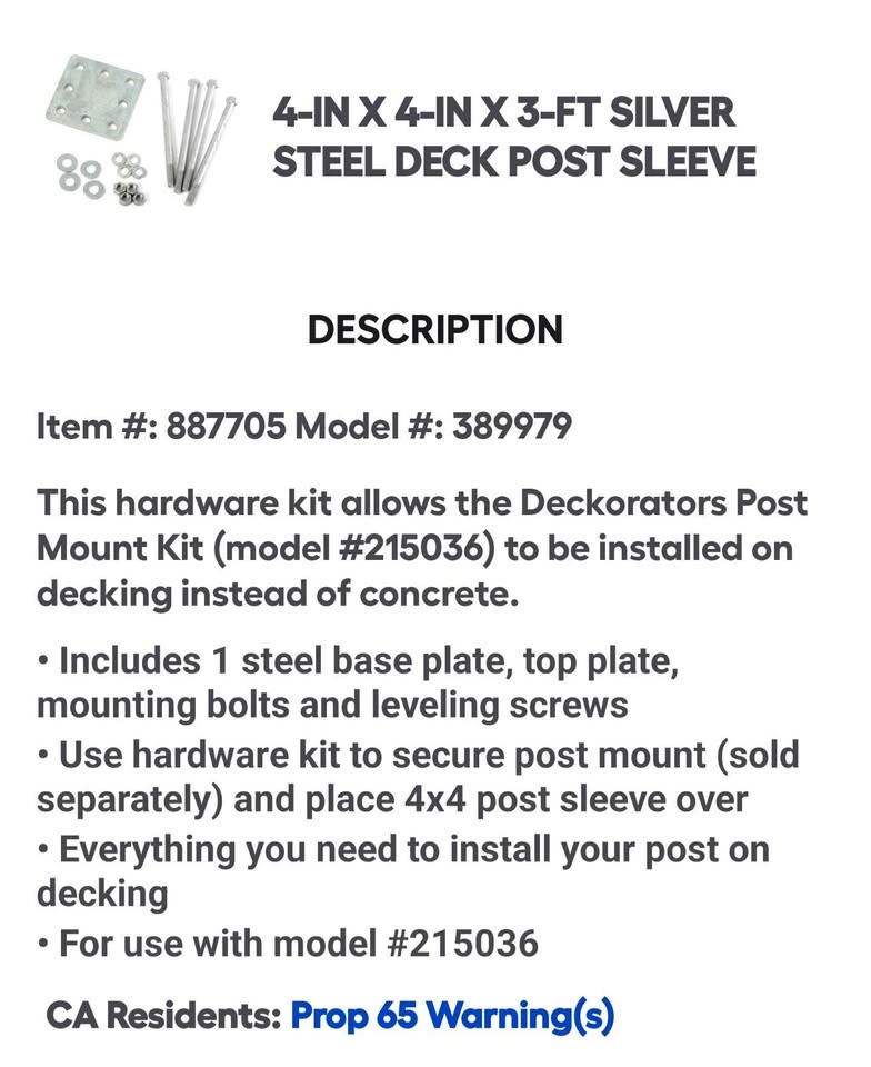 Brand New SEALED 4-IN X 4-IN X 3-FT SILVER STEEL DECK POST SLEEV - photo 2