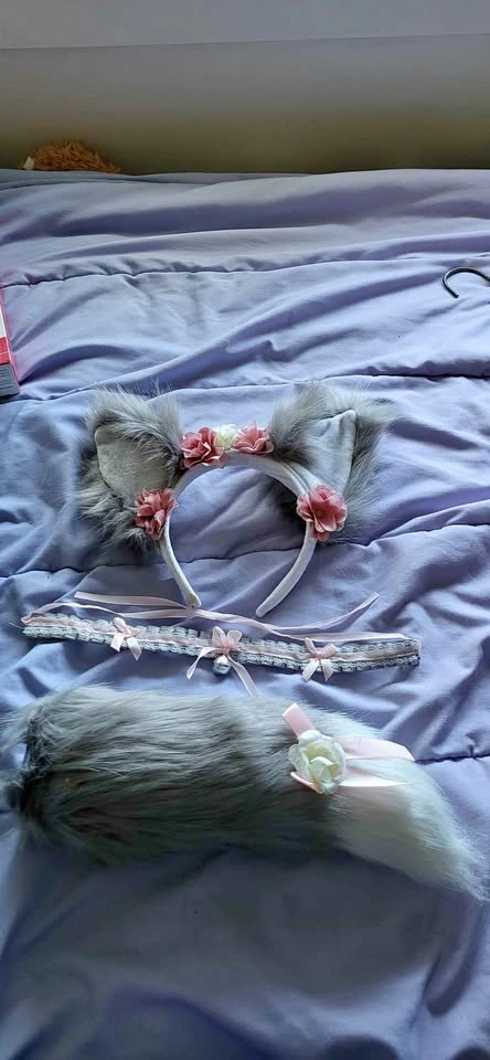 Grey and White Faux Fur Cat Ear and Tail Cosplay Set
