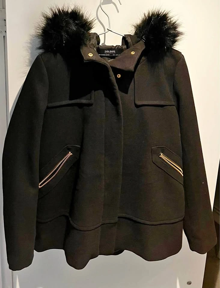 Zara Size S Black Wool-Look Coat with Faux Fur Hood