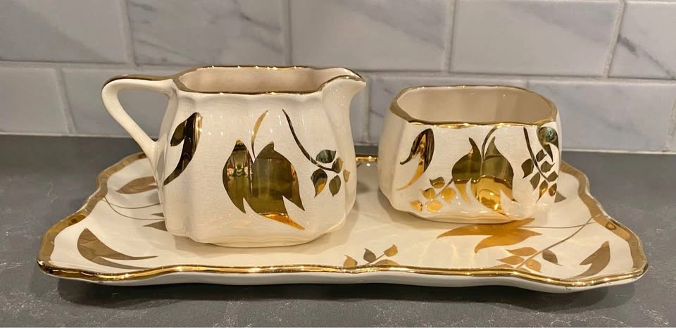 Vintage Lancaster Sandland Gold Luster Creamer, Sugar Bowl & Tra