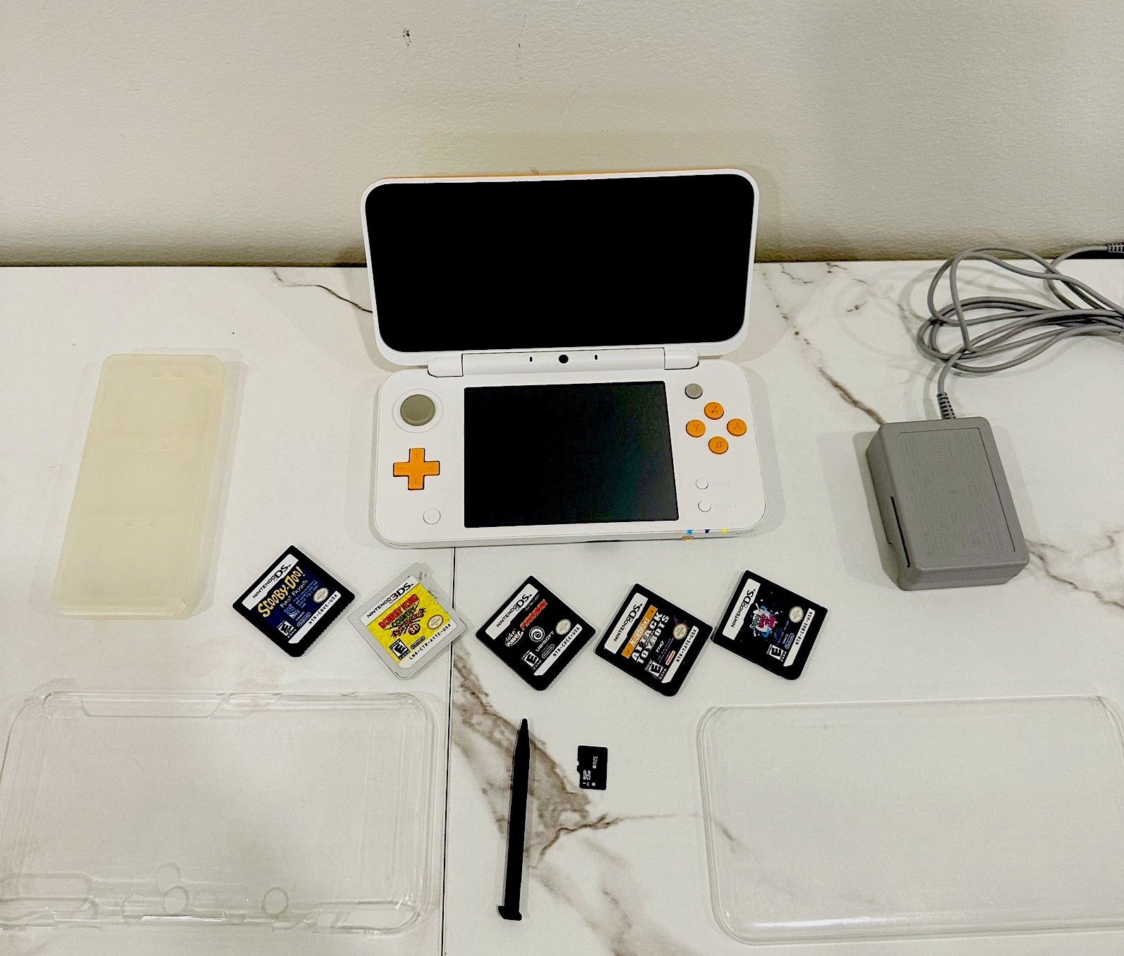 Nintendo New 2DS XL White Orange w/ 5 Games 32GB SD Charger