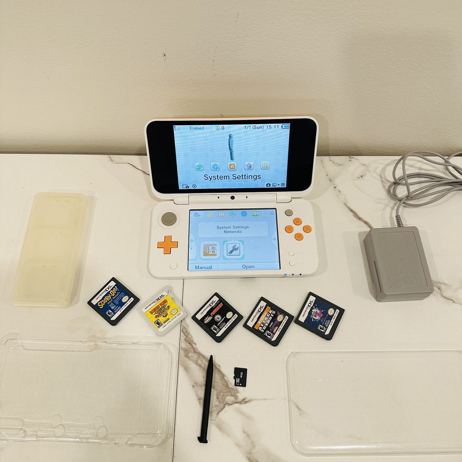 Nintendo New 2DS XL White Orange w/ 5 Games 32GB SD Charger - photo 3