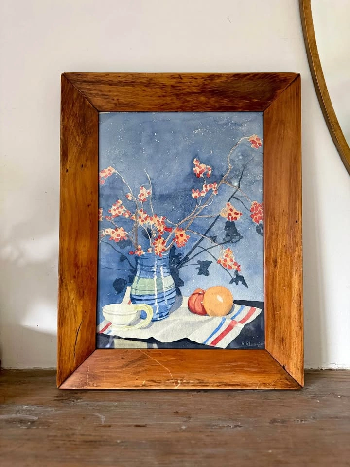 Vintage Still Life Watercolor Painting in Wood Frame-Artist Sign