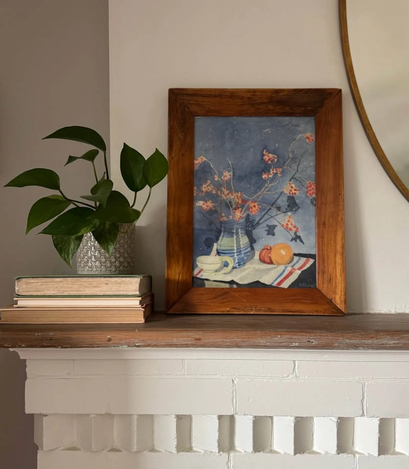 Vintage Still Life Watercolor Painting in Wood Frame-Artist Sign - photo 2